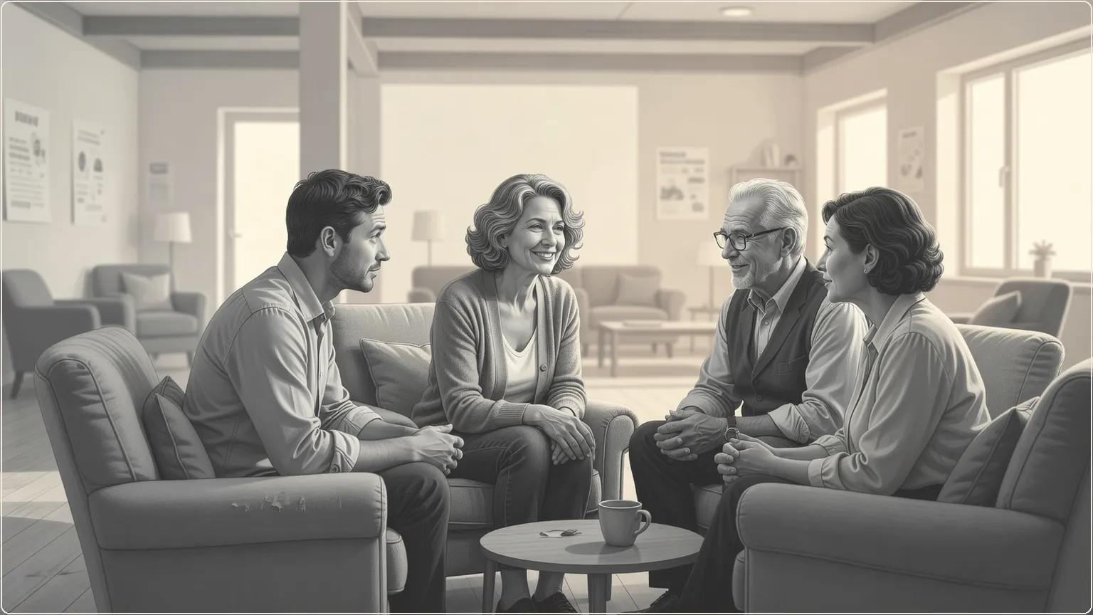 Supportive group sharing recovery stories in a cozy meeting