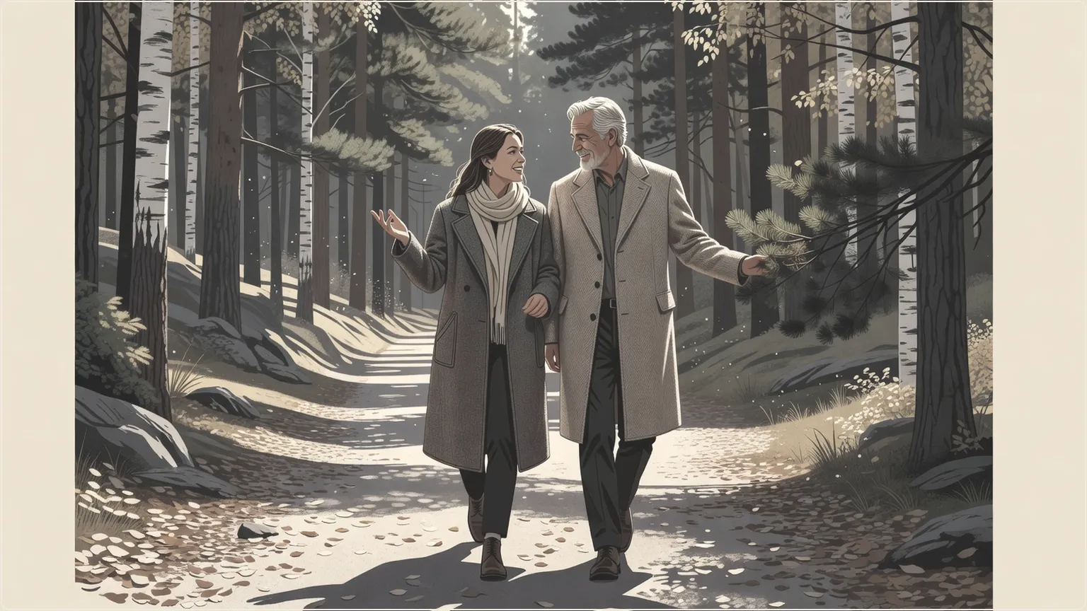 Two people walking and talking intimately on a forest path, symbolizing healing through human connection